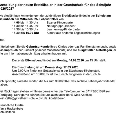 Schulanmeldung neue 1er 