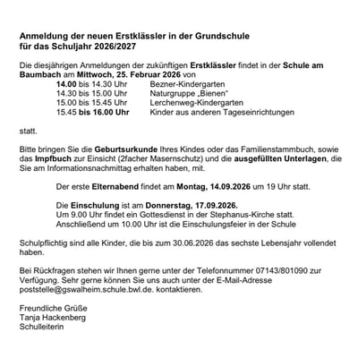 Schulanmeldung neue 1er 
